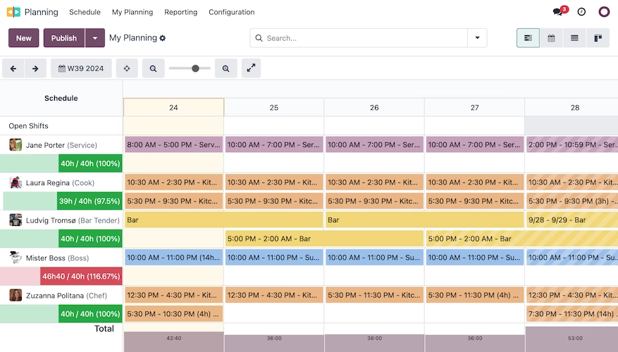 Odoo staff planning gantt for the week