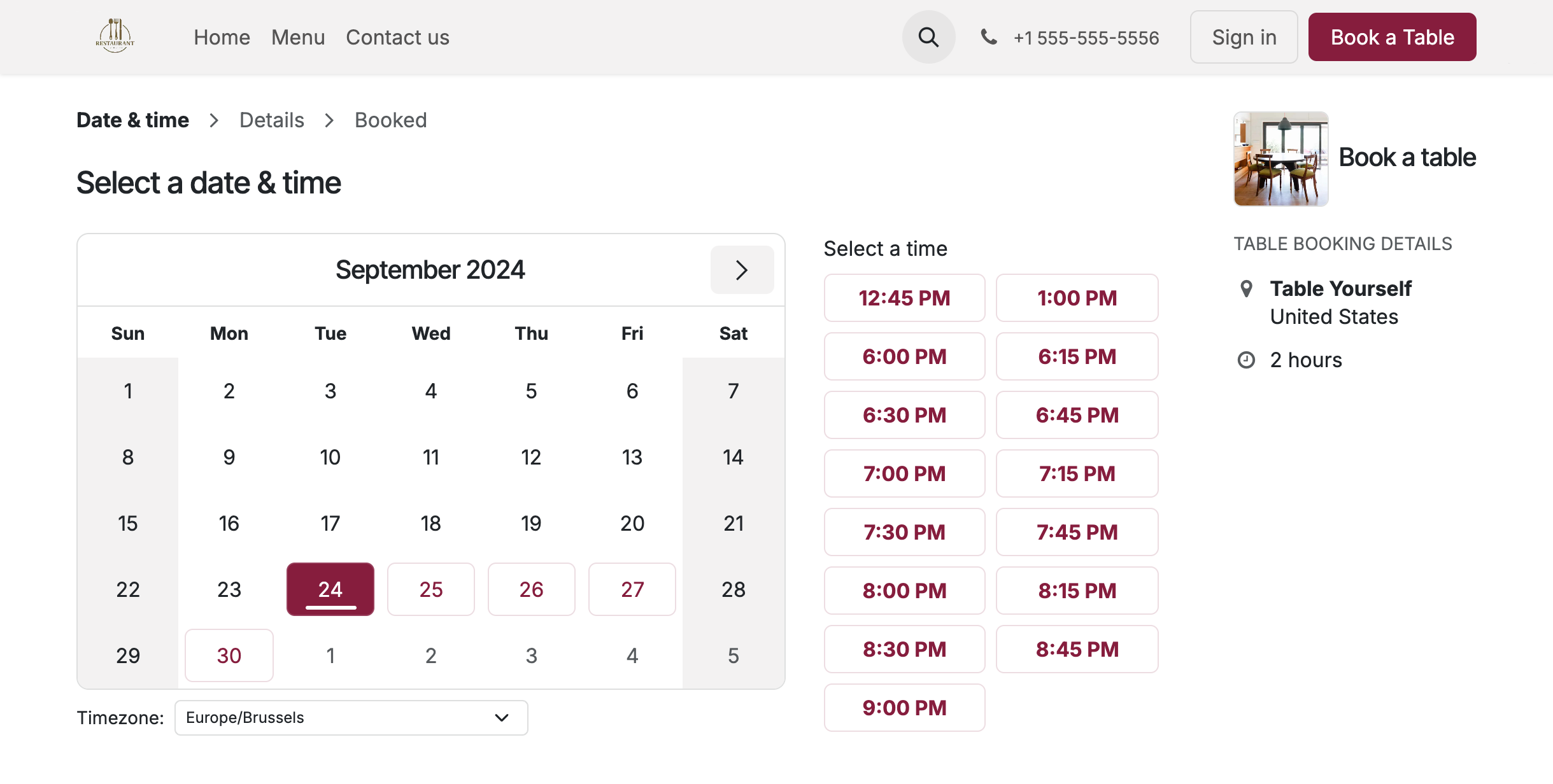 Odoo online booking — select a date and time