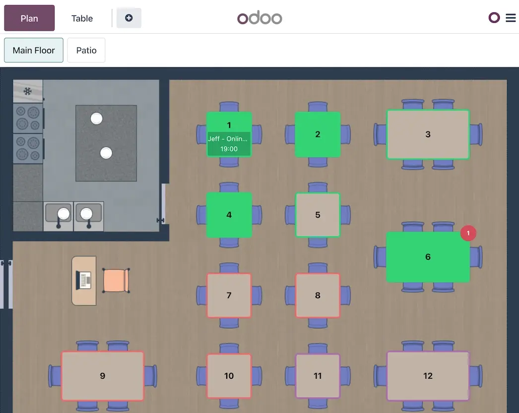 Odoo floor plan showing reserved tables