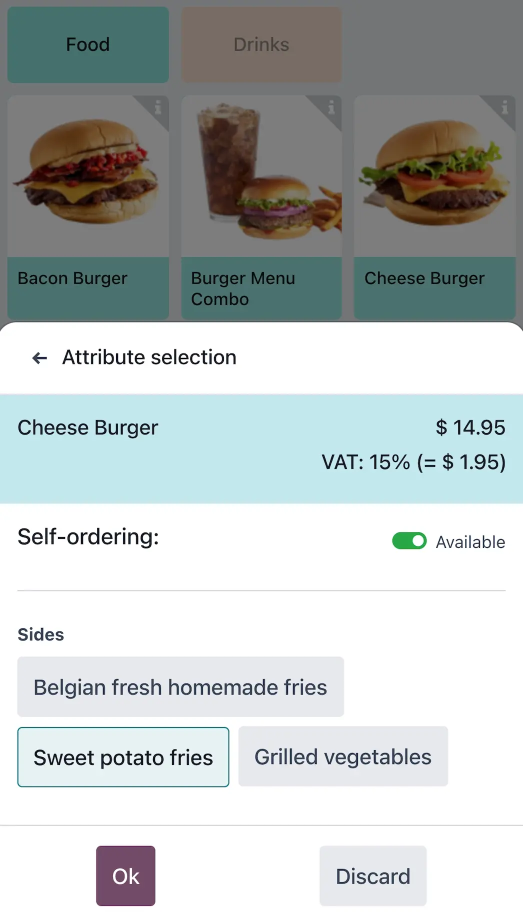 Odoo self-ordering attribute selection screen