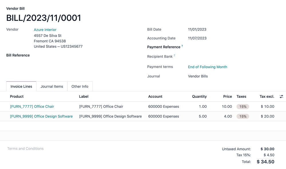 Vendor bill in Odoo