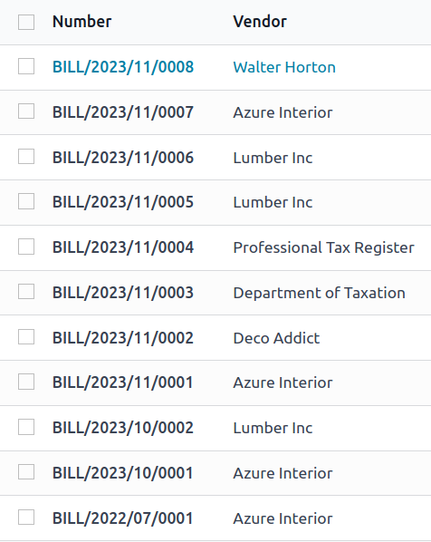 Vendor bills list