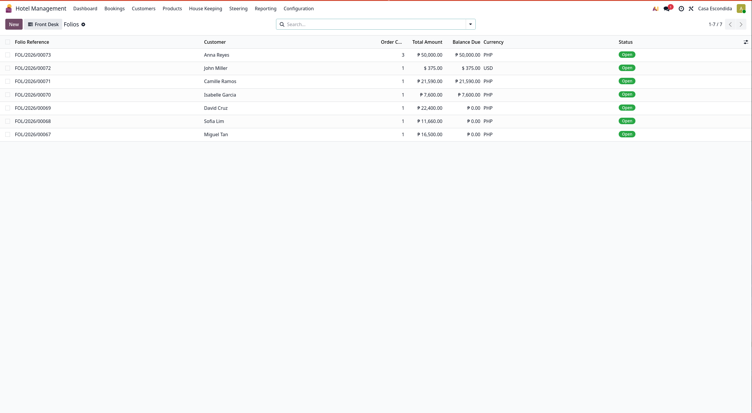 Live list of guest folios — balances and currencies at a glance