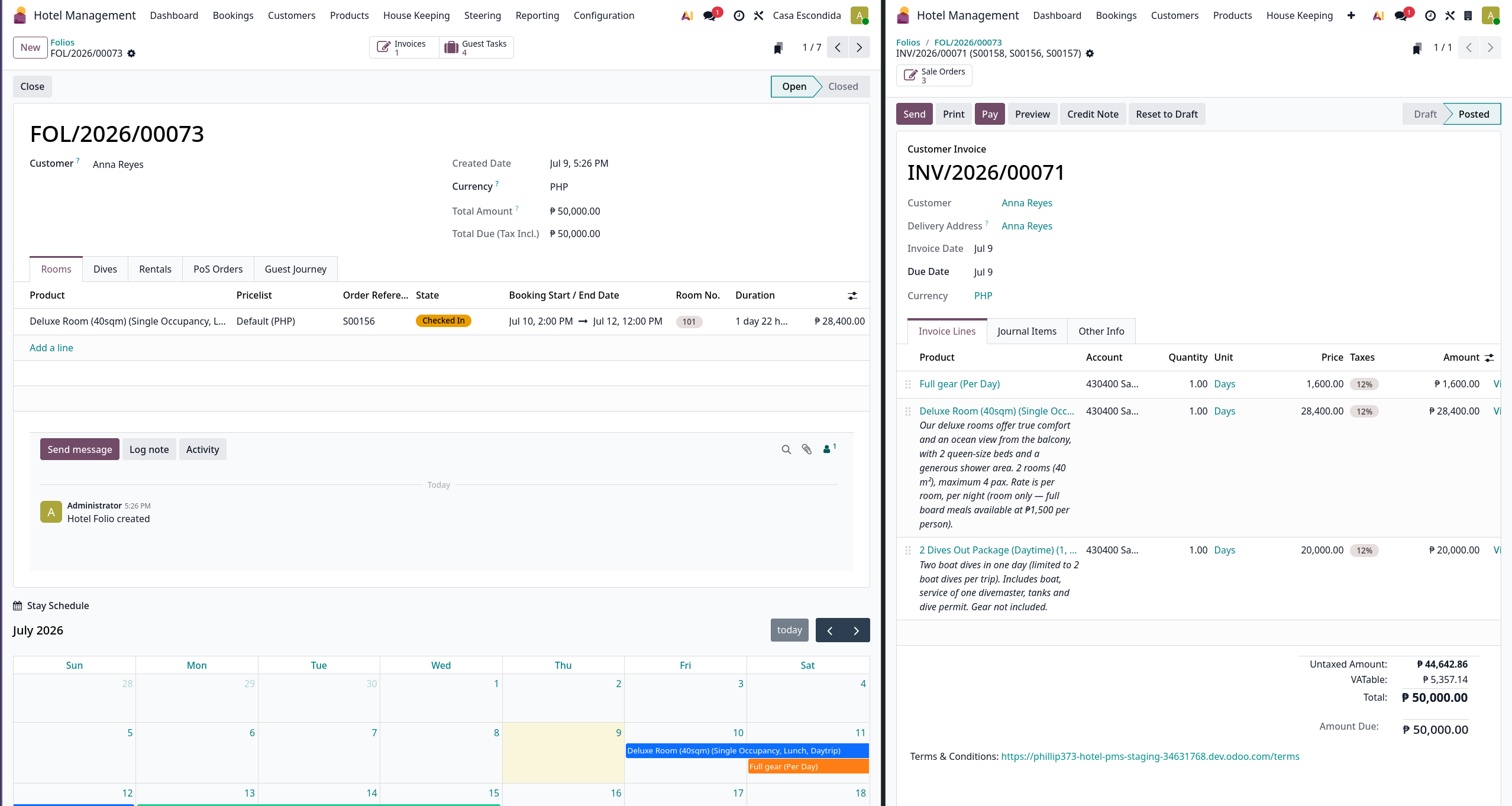 A Casa Escondida guest folio and its consolidated invoice, live in Odoo