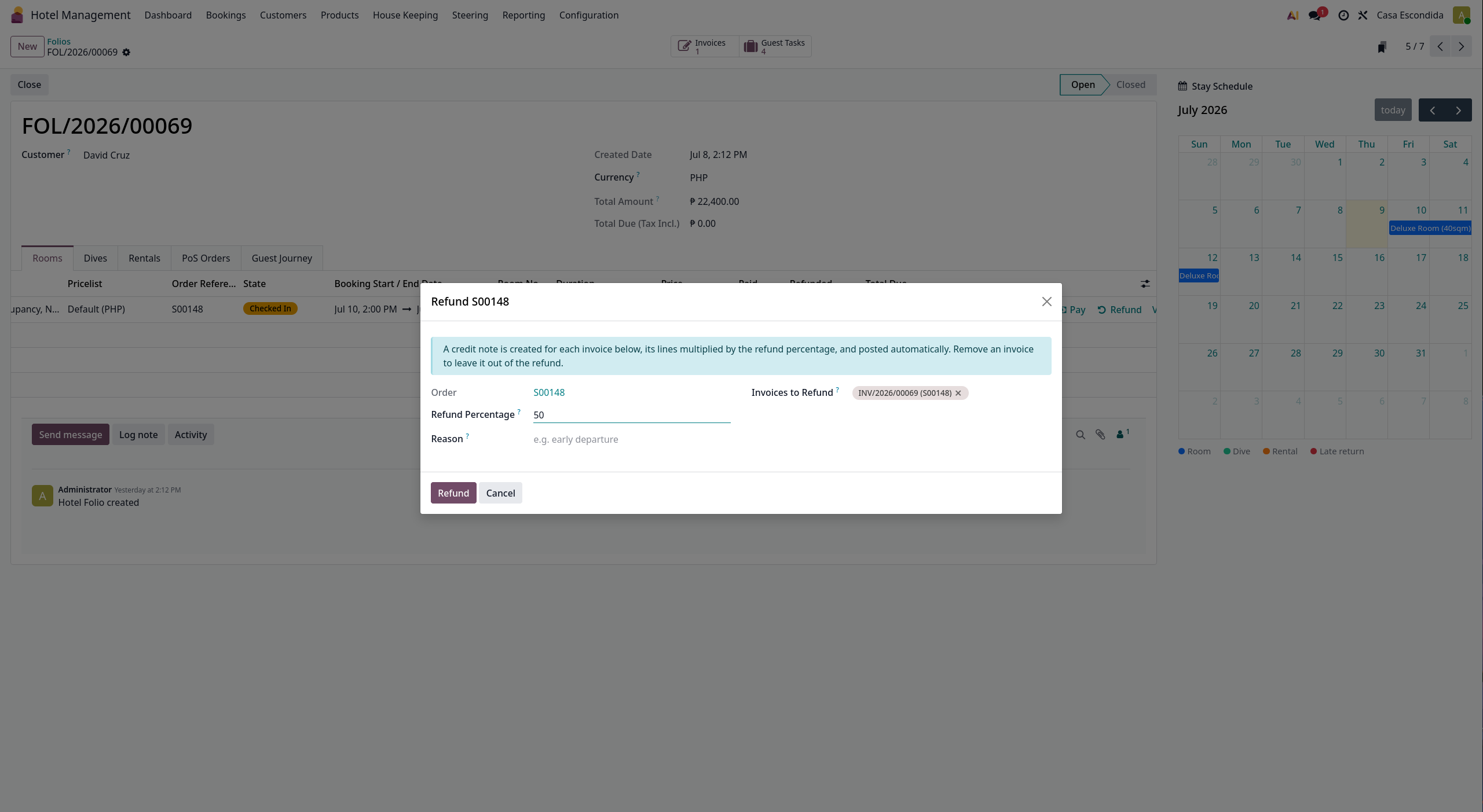 Refund against a folio