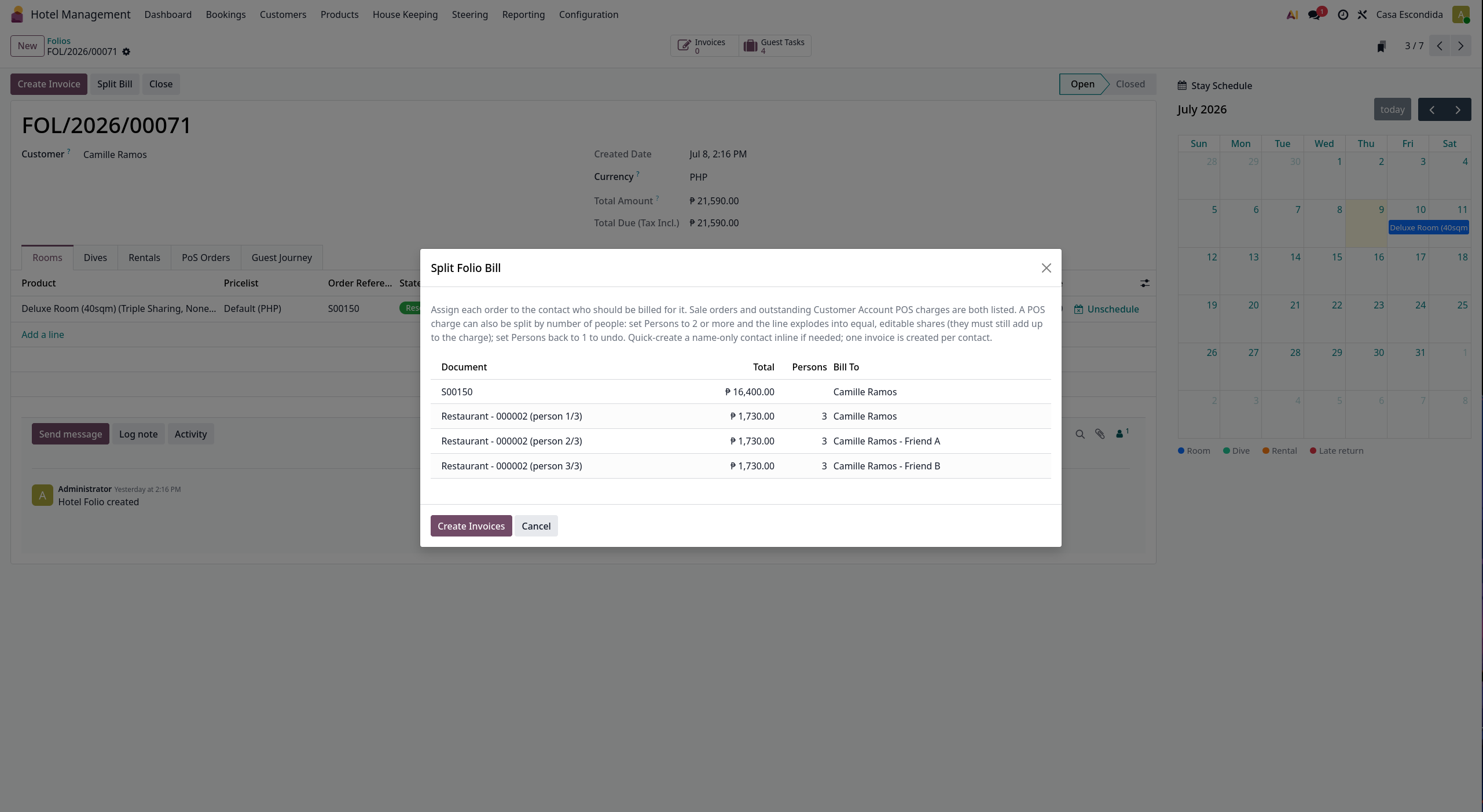 Split folio bill for groups
