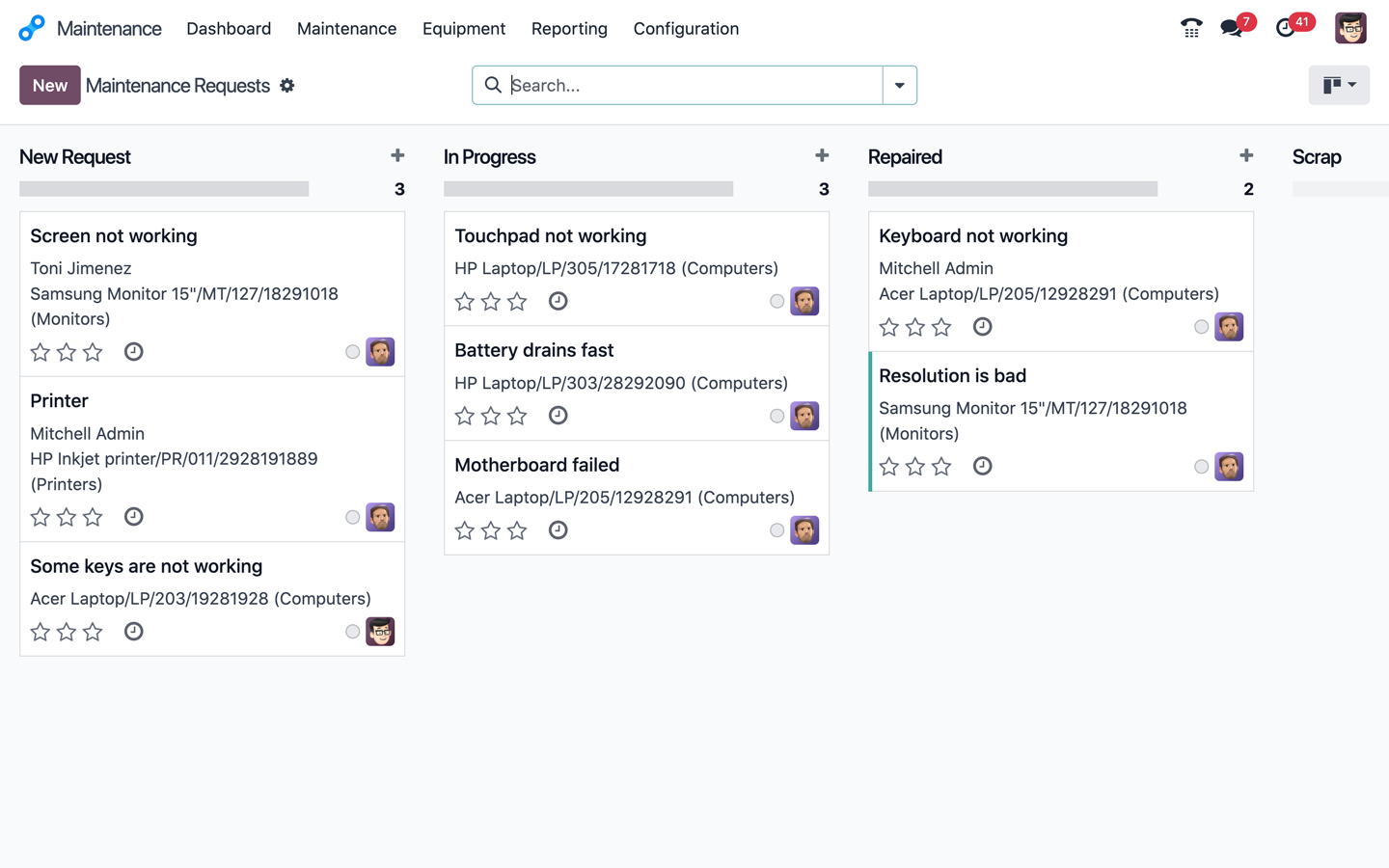 Odoo Maintenance dashboard