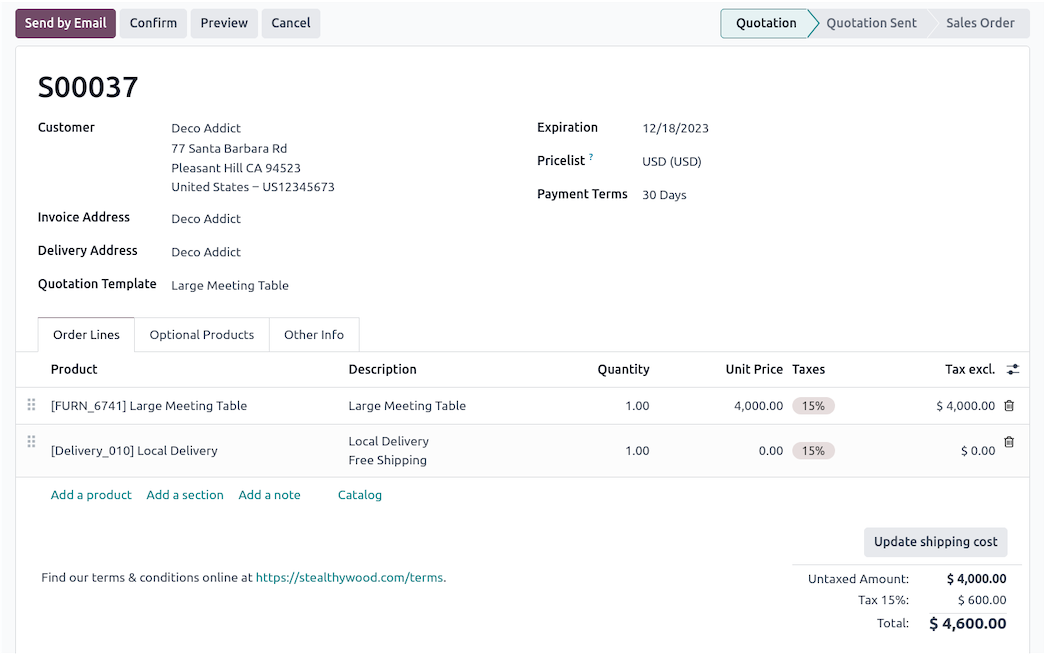 Quote template in Odoo