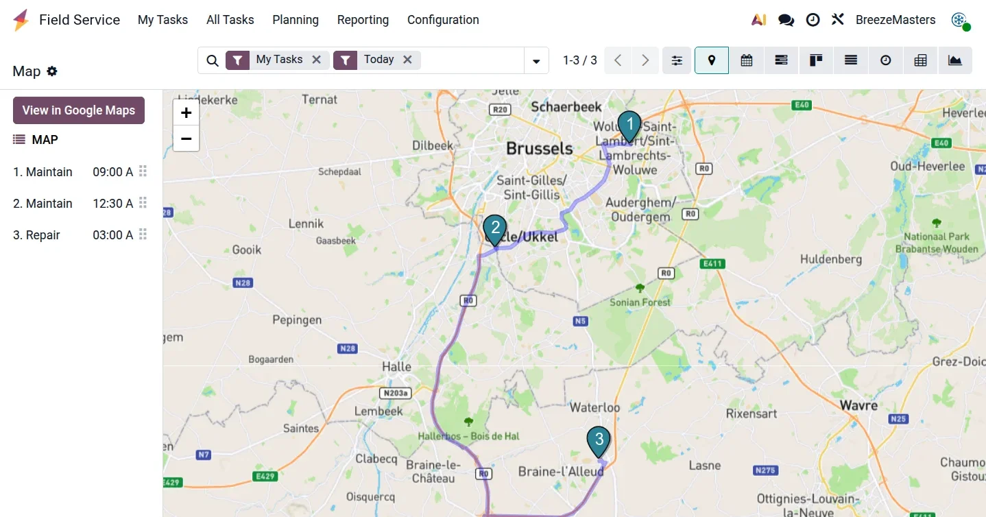 Odoo Field Service drag-and-drop planning calendar and map view