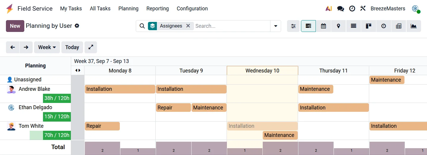 Odoo Field Service task detail with worksheet and time logging