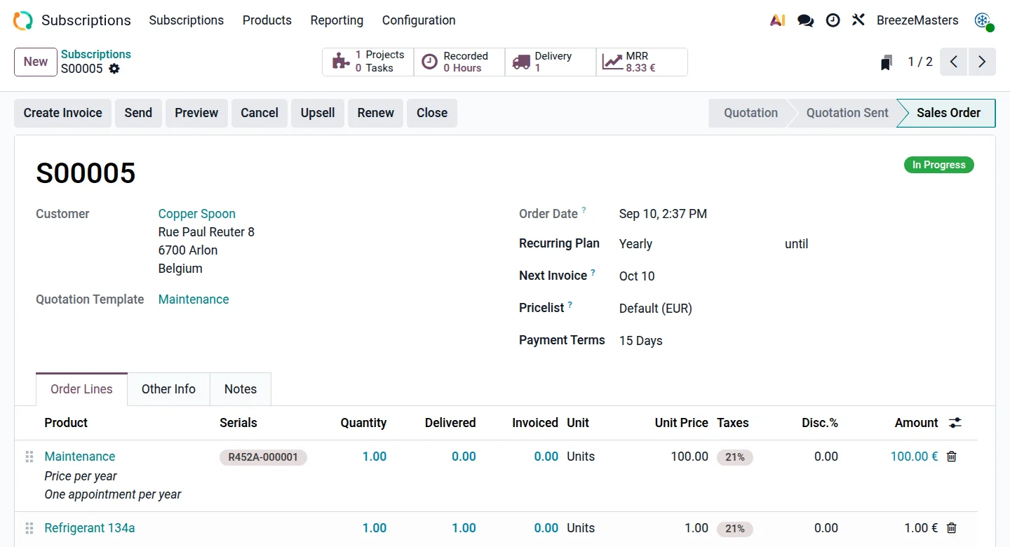 Odoo Subscriptions — recurring maintenance contracts