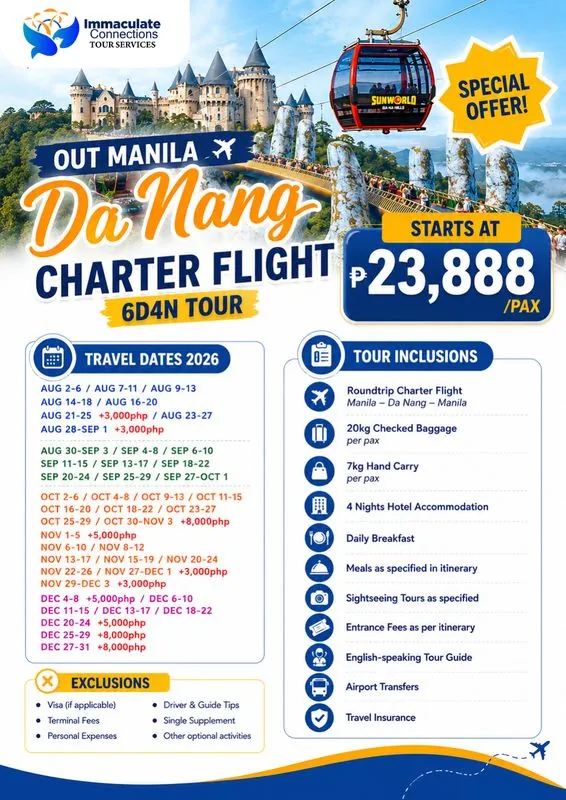 Da Nang charter flight 6D4N tour poster: Ba Na Hills and the Golden Bridge