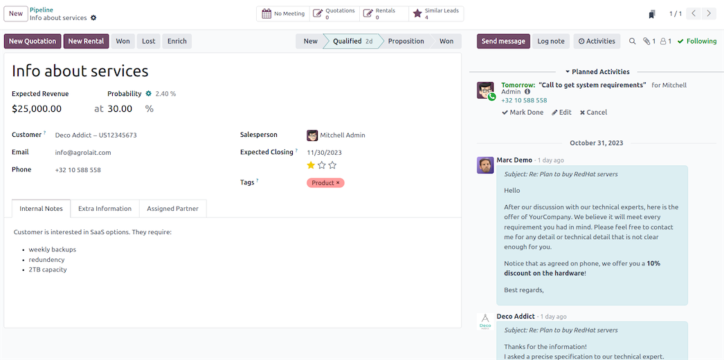 Odoo CRM unified communication log