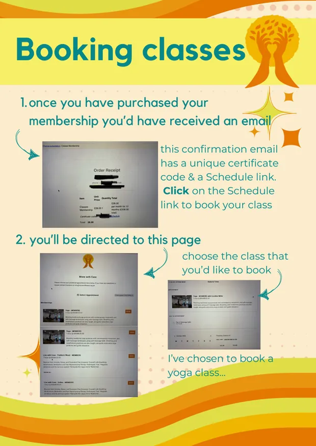 Booking classes guide, steps 1 and 2: the confirmation email with the Schedule link, and choosing your class