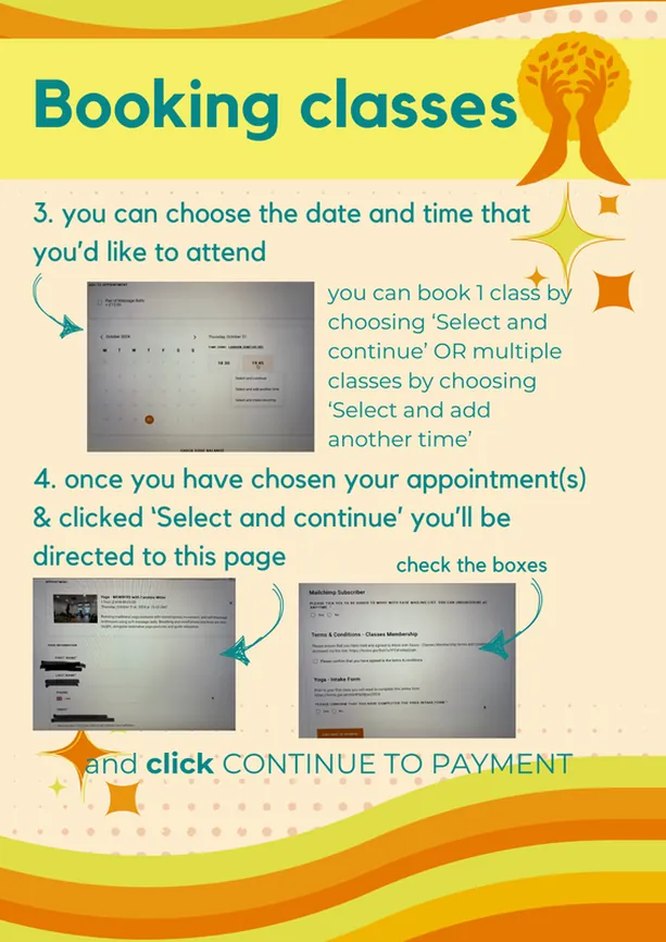 Booking classes guide, steps 3 and 4: choosing dates and times, then checking the boxes and continuing to payment