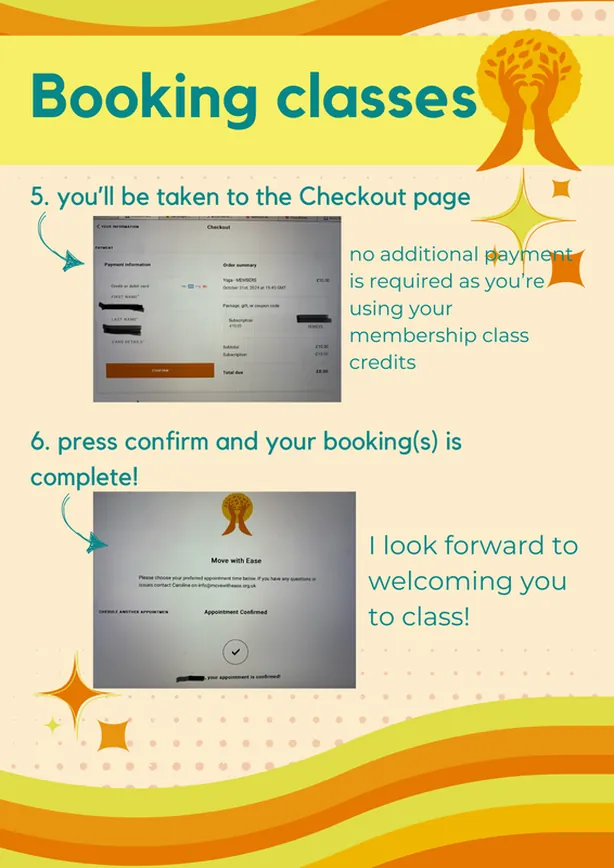 Booking classes guide, steps 5 and 6: the checkout page with no additional payment, then confirming the booking
