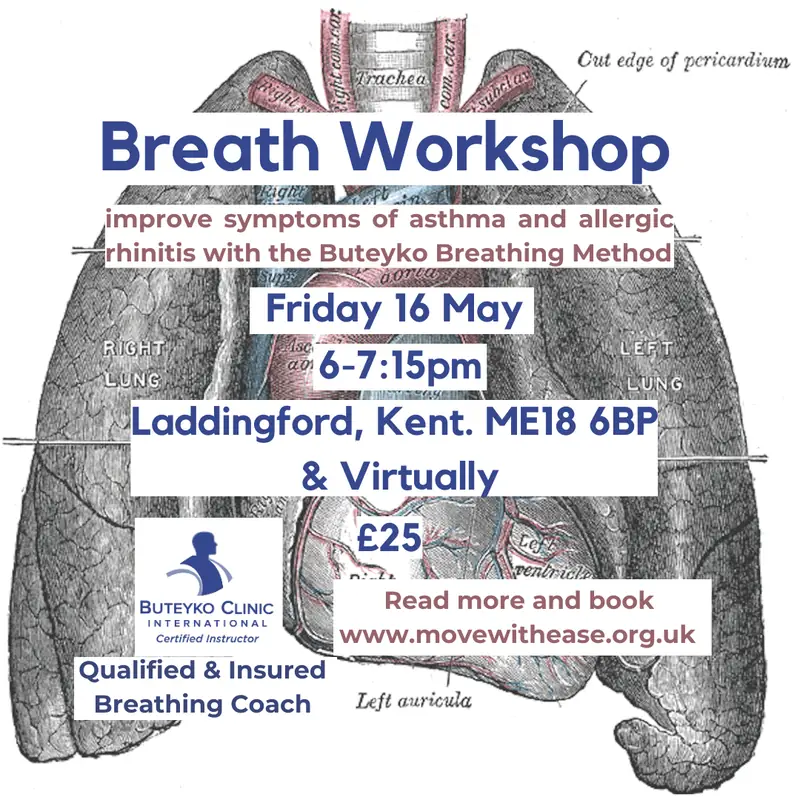 Breath Workshop poster: improve symptoms of asthma and allergic rhinitis with the Buteyko Breathing Method, £25
