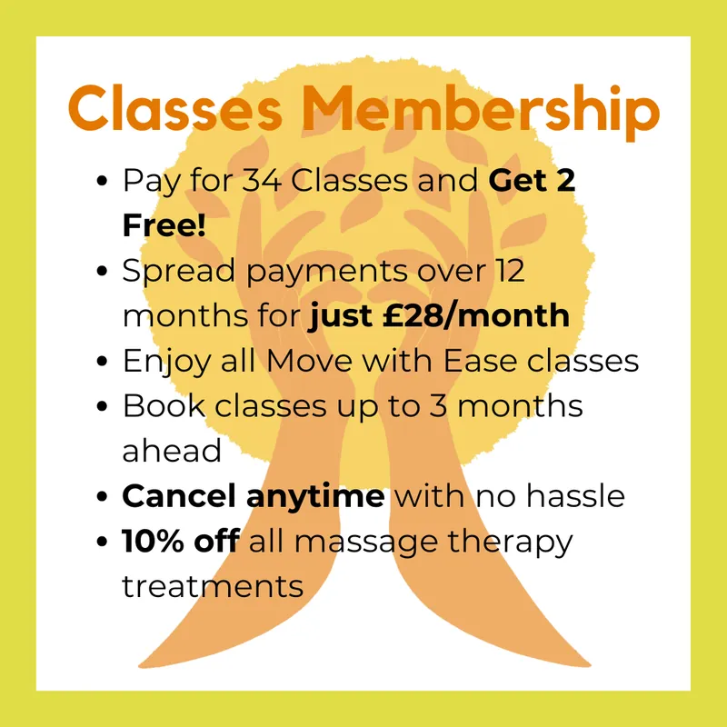 Classes Membership: pay for 34 classes and get 2 free; spread payments over 12 months for just £28 a month; enjoy all Move with Ease classes; book classes up to 3 months ahead; cancel anytime; 10% off all massage therapy treatments