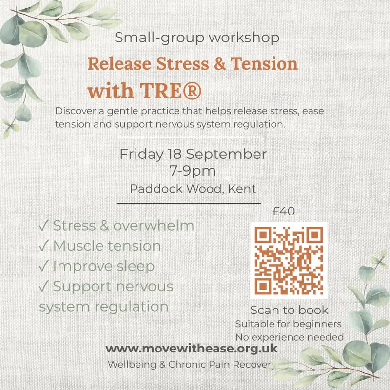 Workshop poster: Release Stress & Tension with TRE®, Friday 18 September 7–9pm, Paddock Wood, £40