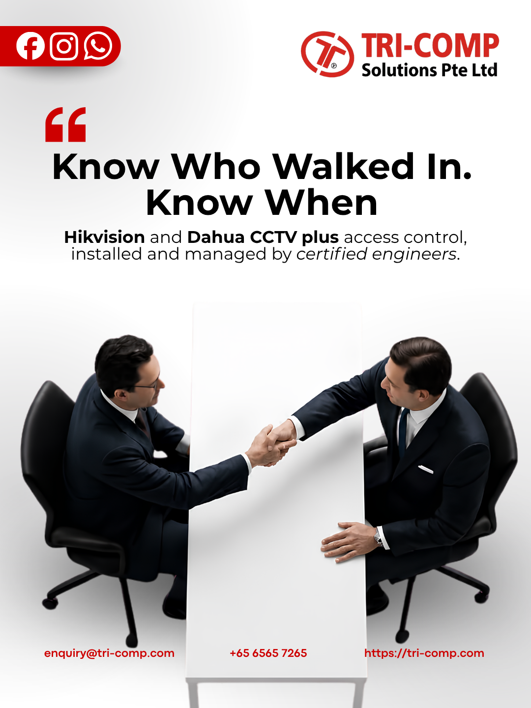 Tri-Comp Solutions ad: Know who walked in, know when — Hikvision and Dahua CCTV plus access control
