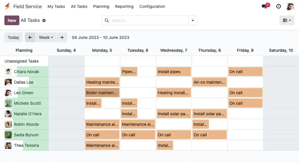 Odoo Field Service — dispatch board for Tri-Comp's engineers
