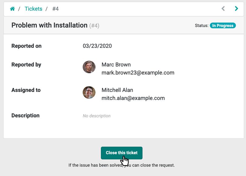 Closing an Odoo Helpdesk ticket with the resolution recorded