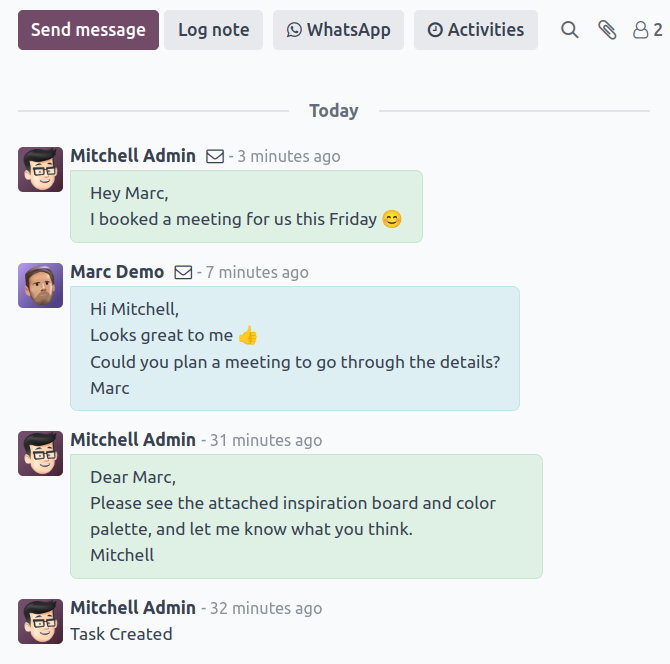 Odoo task discussion thread — decisions and approvals recorded against the work