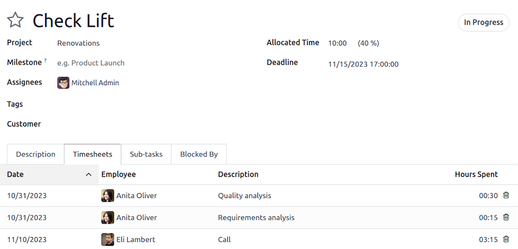 Odoo Project timesheets recorded against client tasks