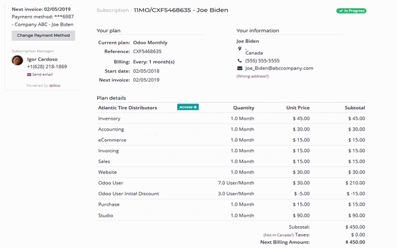 Odoo subscription portal — Tri-Comp client viewing their maintenance contract