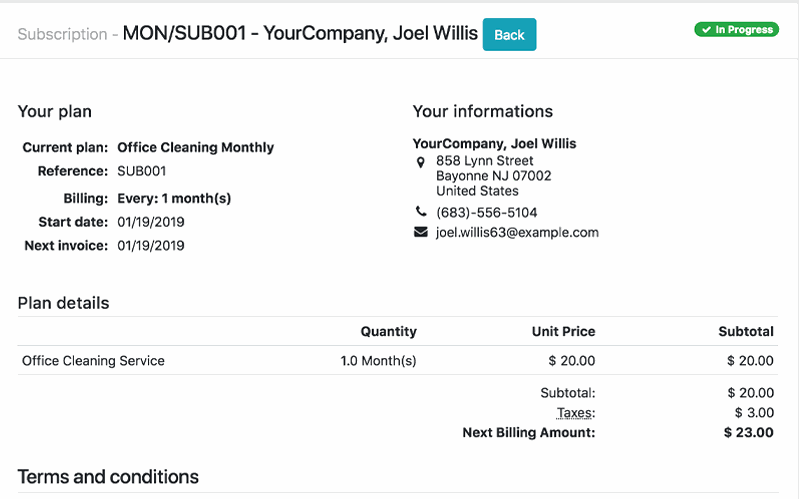 Odoo Subscriptions — recurring monthly billing plans