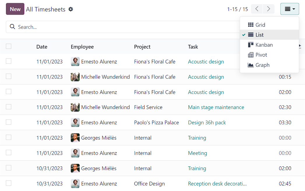 Odoo Timesheets views — grid, list and calendar